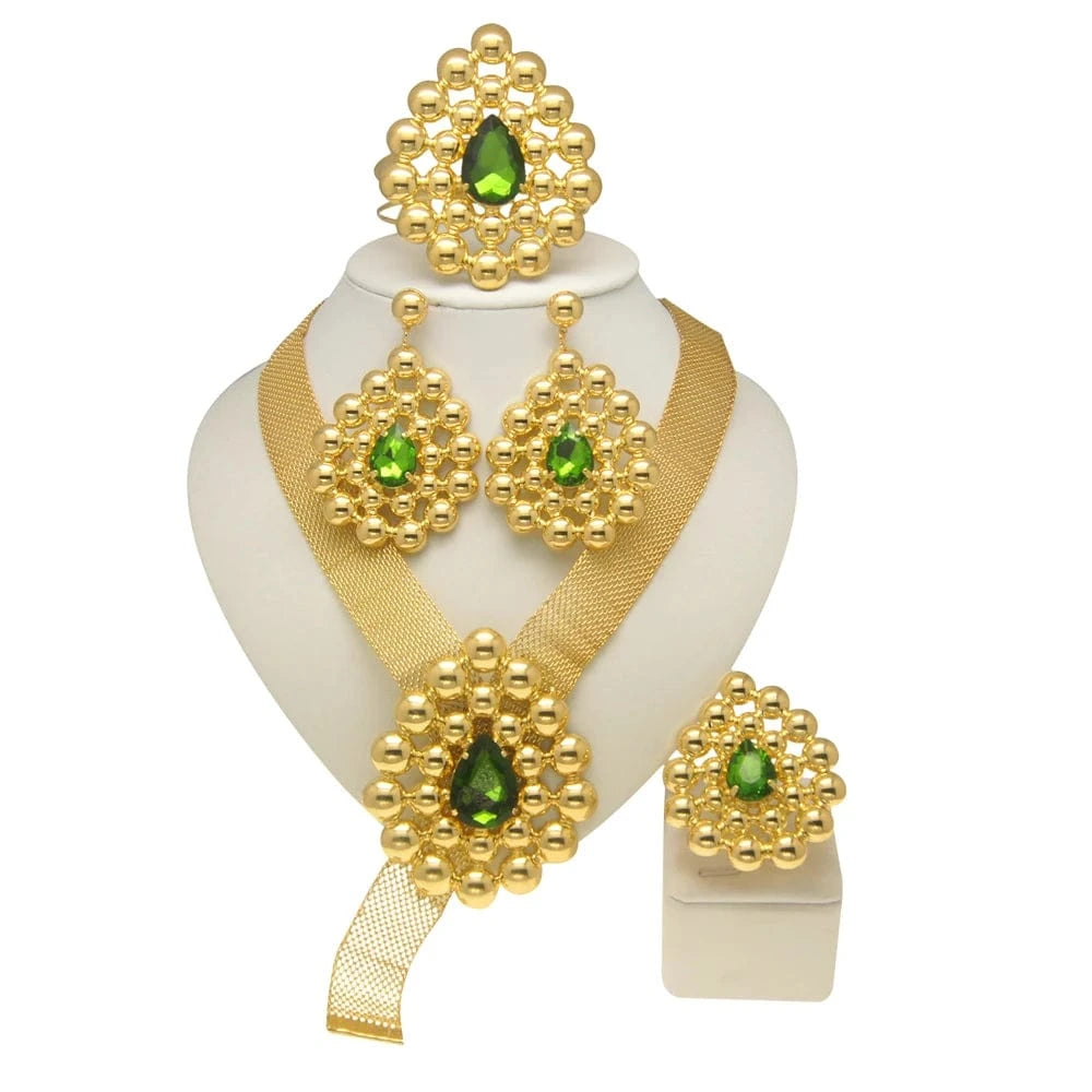 Zhuerrui Brazilian Gold Design Green Red Jewelry Set High Quality Bridal Wholesale Handmade Wide Necklace Jewelry Sets H20012