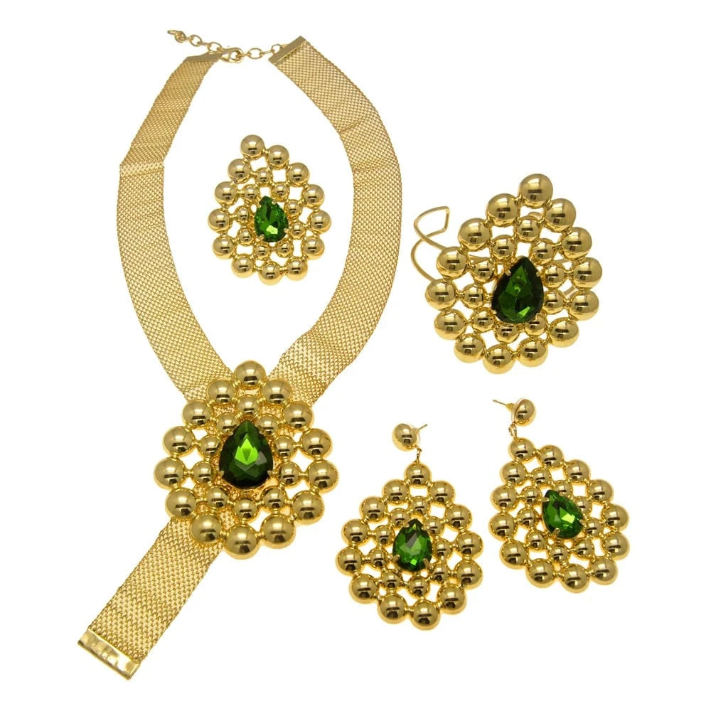 Zhuerrui Brazilian Gold Design Green Red Jewelry Set High Quality Bridal Wholesale Handmade Wide Necklace Jewelry Sets H20012
