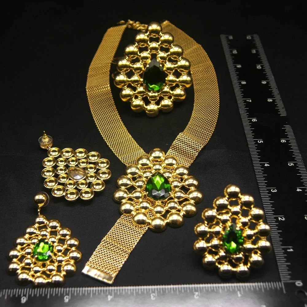 Zhuerrui Brazilian Gold Design Green Red Jewelry Set High Quality Bridal Wholesale Handmade Wide Necklace Jewelry Sets H20012