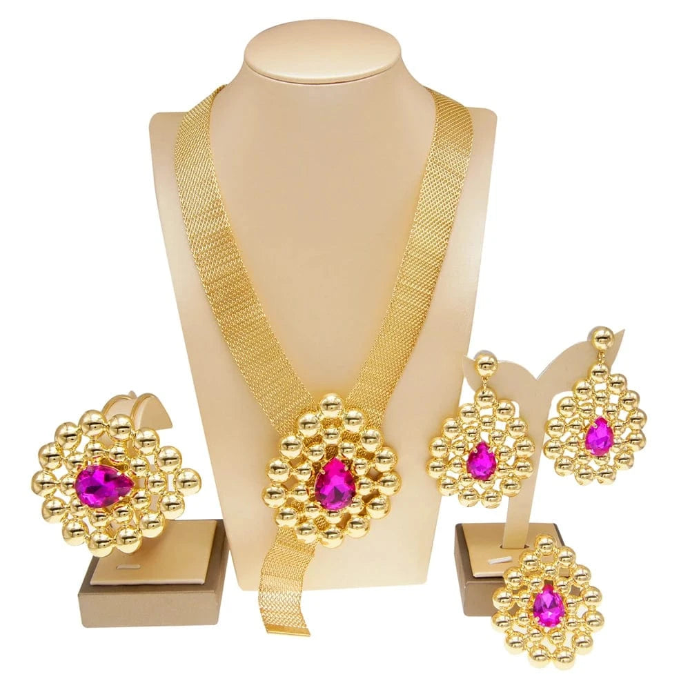Zhuerrui Brazilian Gold Design Green Red Jewelry Set High Quality Bridal Wholesale Handmade Wide Necklace Jewelry Sets H20012