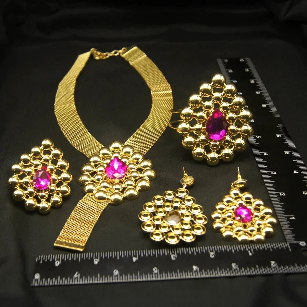 Zhuerrui Brazilian Gold Design Green Red Jewelry Set High Quality Bridal Wholesale Handmade Wide Necklace Jewelry Sets H20012