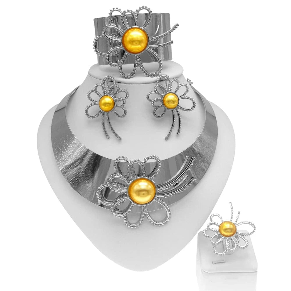 Zhuerrui Choking Necklace Bracelet Earrings Ring Jewelry Set Brazilian Silver Design Luxury Flower Collar Jewelry Sets H00204