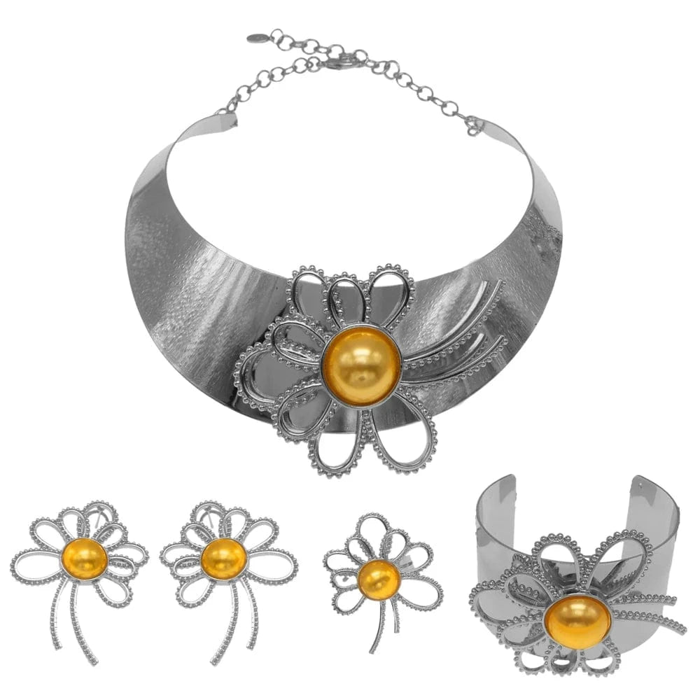 Zhuerrui Choking Necklace Bracelet Earrings Ring Jewelry Set Brazilian Silver Design Luxury Flower Collar Jewelry Sets H00204