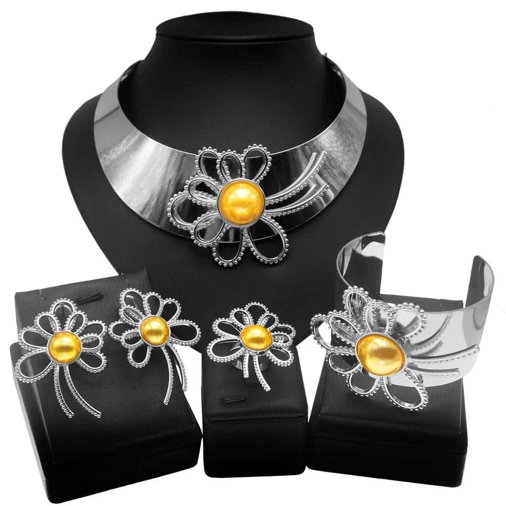 Zhuerrui Choking Necklace Bracelet Earrings Ring Jewelry Set Brazilian Silver Design Luxury Flower Collar Jewelry Sets H00204