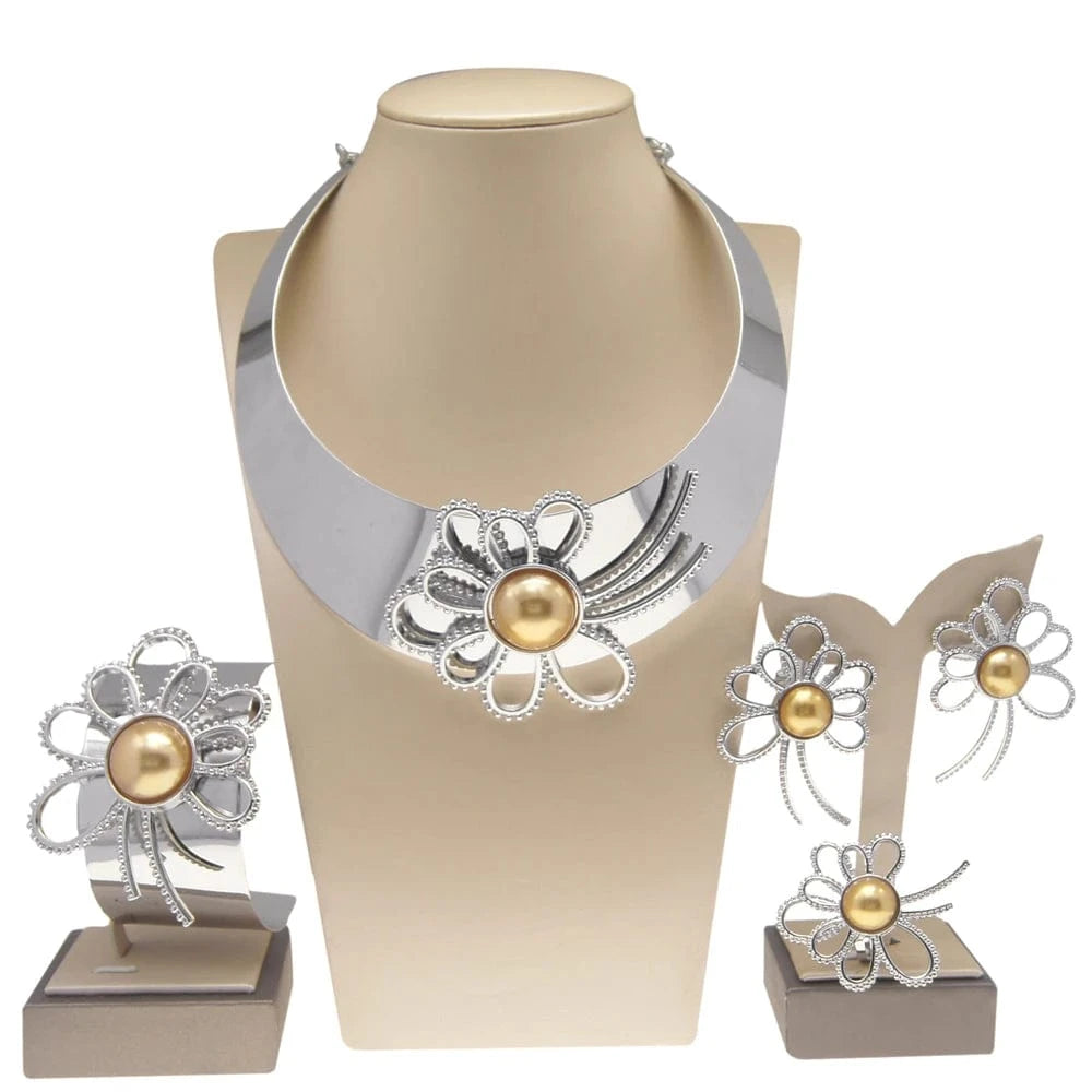 Zhuerrui Choking Necklace Bracelet Earrings Ring Jewelry Set Brazilian Silver Design Luxury Flower Collar Jewelry Sets H00204