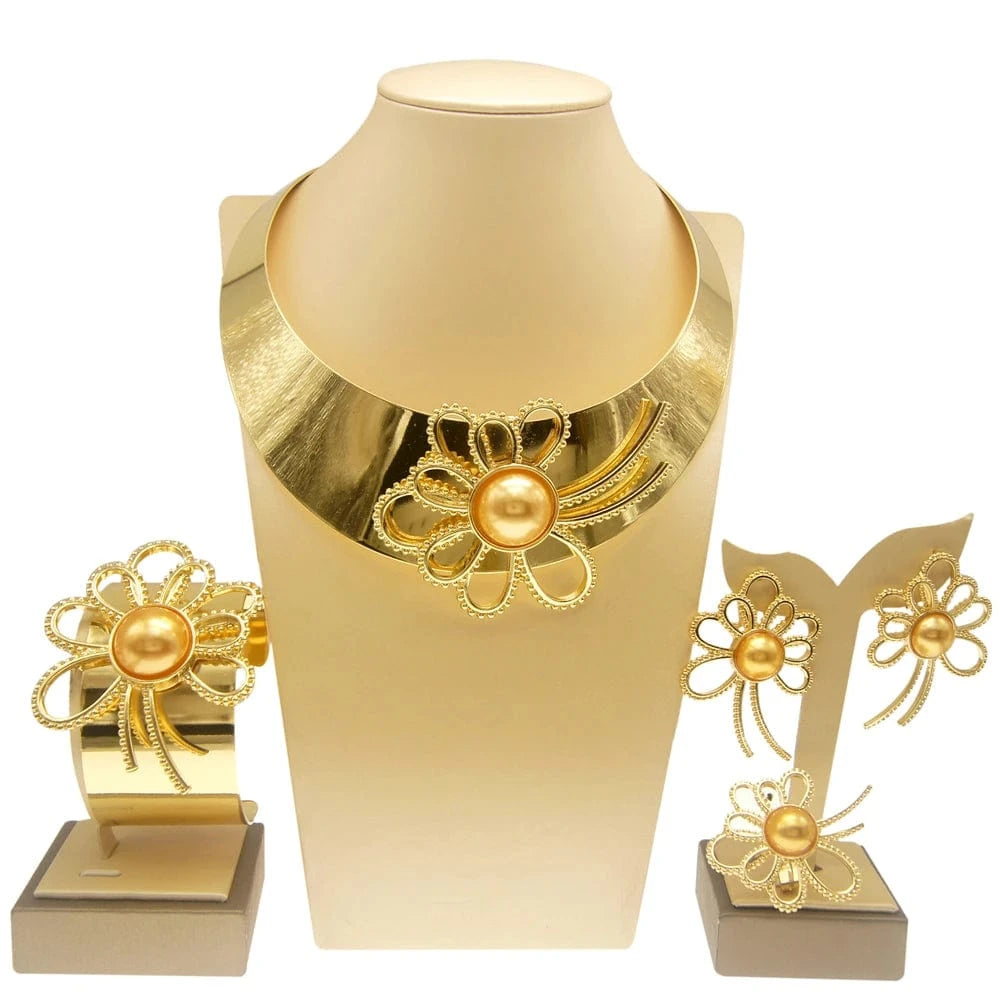 Zhuerrui Choking Necklace Bracelet Earrings Ring Jewelry Set Brazilian Silver Design Luxury Flower Collar Jewelry Sets H00204