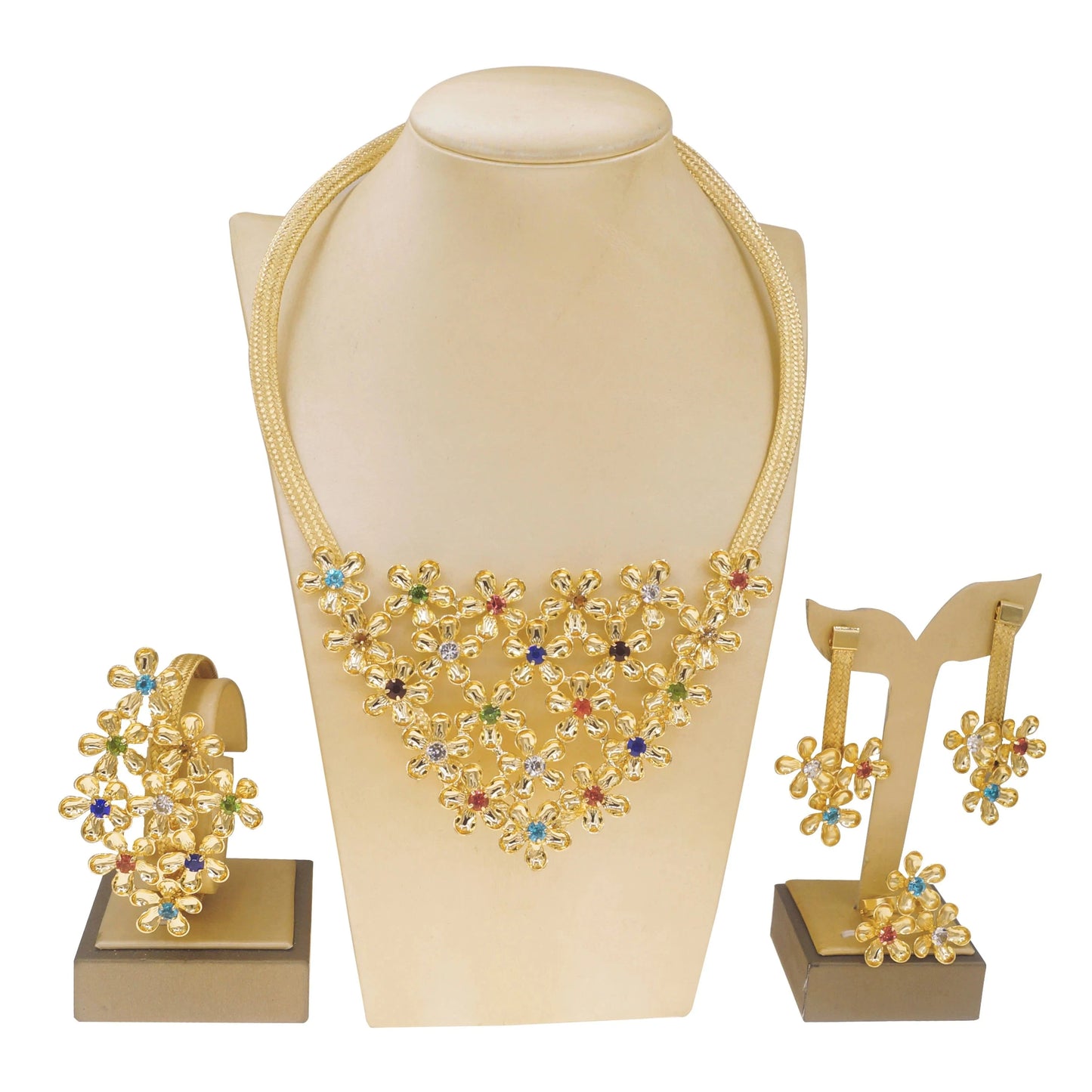 Zhuerrui Flowers Brazilian Gold Jewelry Set Nigerian Woman Wedding Party Favor Luxury Crystal Colored Brass Jewelry Sets H20132