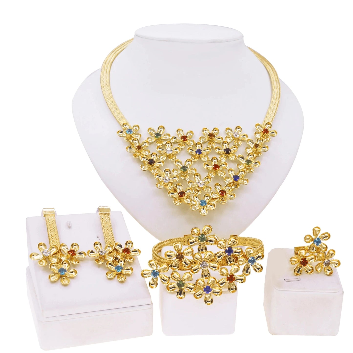 Zhuerrui Flowers Brazilian Gold Jewelry Set Nigerian Woman Wedding Party Favor Luxury Crystal Colored Brass Jewelry Sets H20132