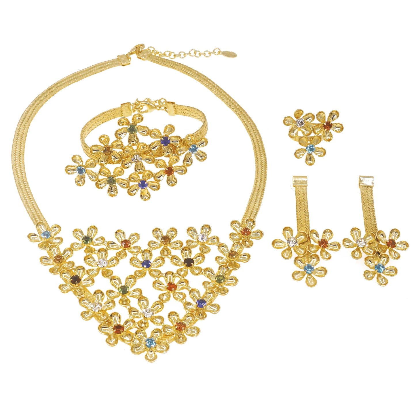 Zhuerrui Flowers Brazilian Gold Jewelry Set Nigerian Woman Wedding Party Favor Luxury Crystal Colored Brass Jewelry Sets H20132