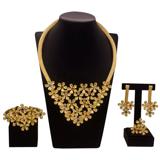 Zhuerrui Flowers Brazilian Gold Jewelry Set Nigerian Woman Wedding Party Favor Luxury Crystal Colored Brass Jewelry Sets H20132
