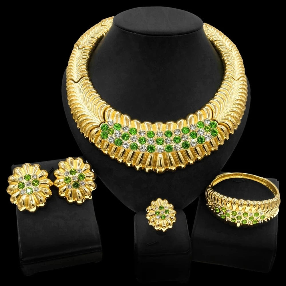 Zhuerrui Wedding Nridal Green Crystal Jewelry Set 24K Brazilian Gold Plated Jewelry Sets Large Necklace Nigerian Jewelry H0090