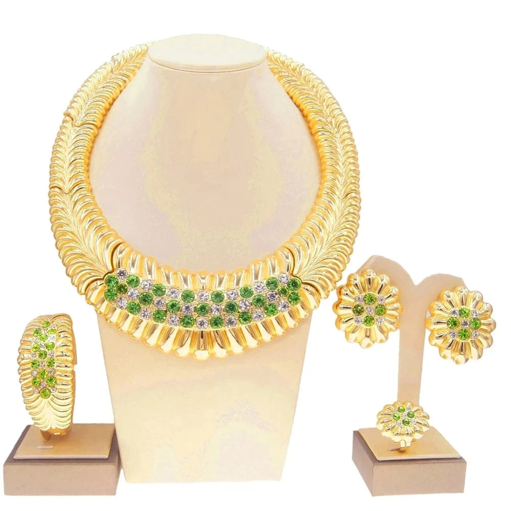 Zhuerrui Wedding Nridal Green Crystal Jewelry Set 24K Brazilian Gold Plated Jewelry Sets Large Necklace Nigerian Jewelry H0090