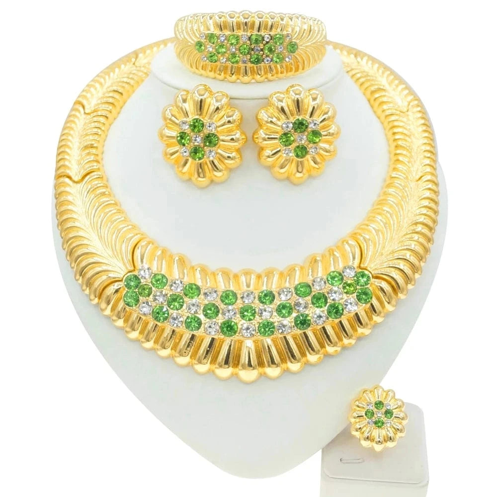 Zhuerrui Wedding Nridal Green Crystal Jewelry Set 24K Brazilian Gold Plated Jewelry Sets Large Necklace Nigerian Jewelry H0090