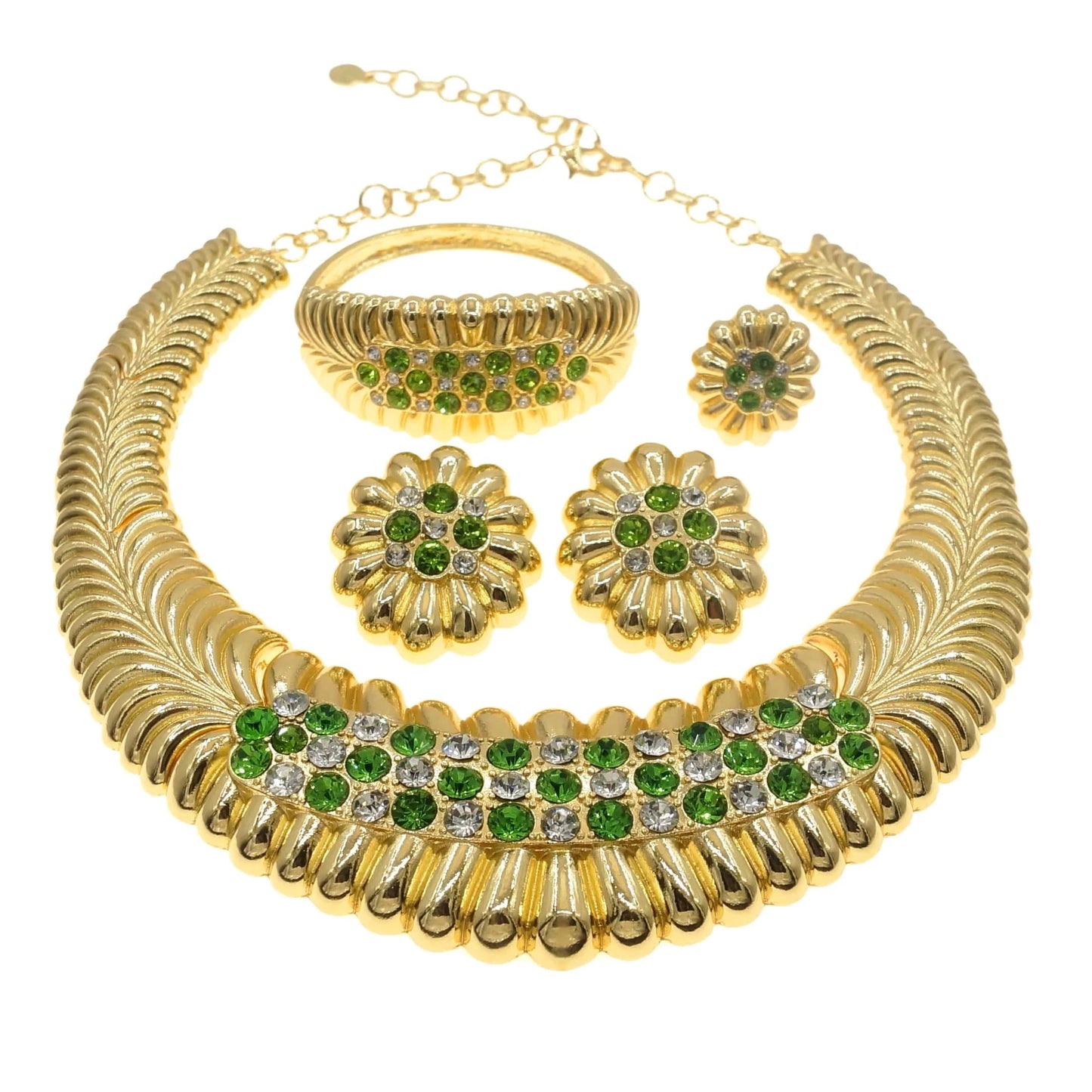 Zhuerrui Wedding Nridal Green Crystal Jewelry Set 24K Brazilian Gold Plated Jewelry Sets Large Necklace Nigerian Jewelry H0090