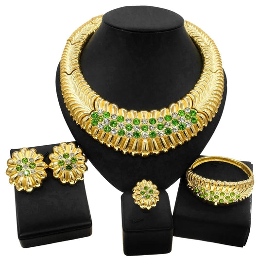Zhuerrui Wedding Nridal Green Crystal Jewelry Set 24K Brazilian Gold Plated Jewelry Sets Large Necklace Nigerian Jewelry H0090