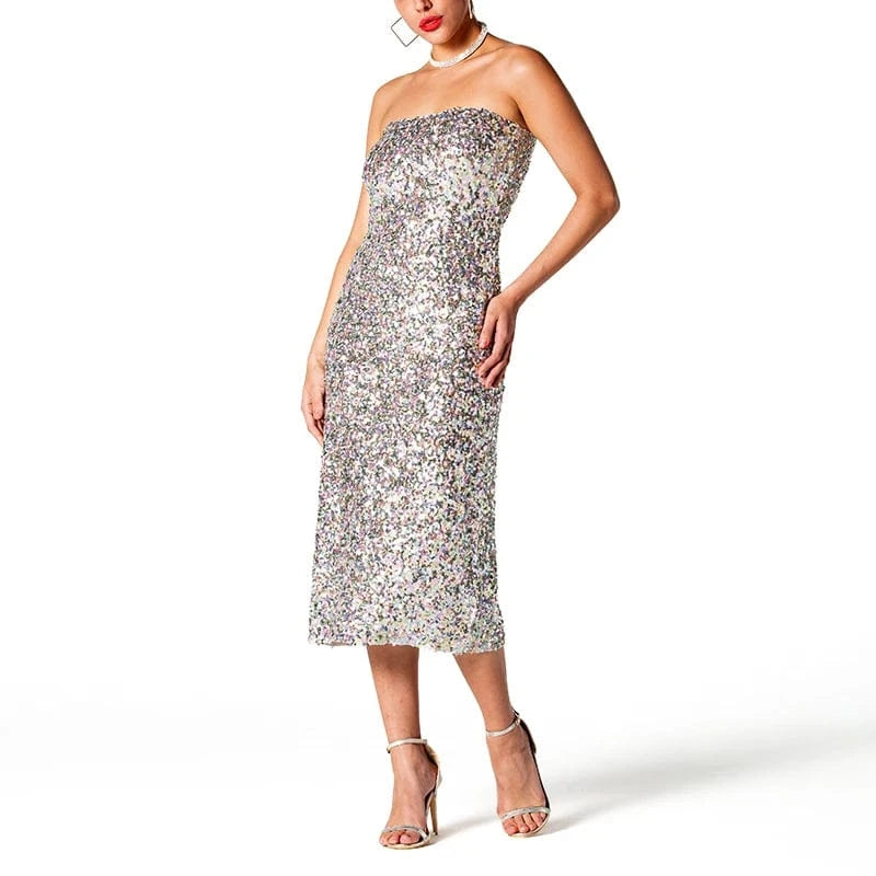 Zhuofei 2024 Luxury Sequins Strapless Dress Evening Formal Silver Dresses For Women Elegant