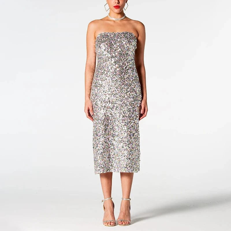 Zhuofei 2024 Luxury Sequins Strapless Dress Evening Formal Silver Dresses For Women Elegant