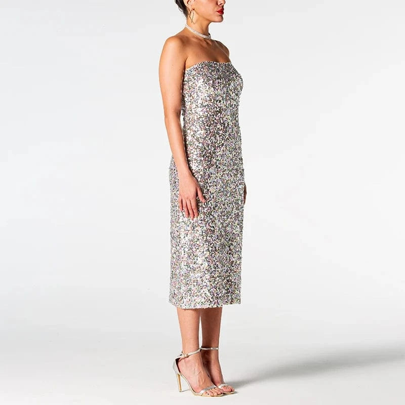 Zhuofei 2024 Luxury Sequins Strapless Dress Evening Formal Silver Dresses For Women Elegant
