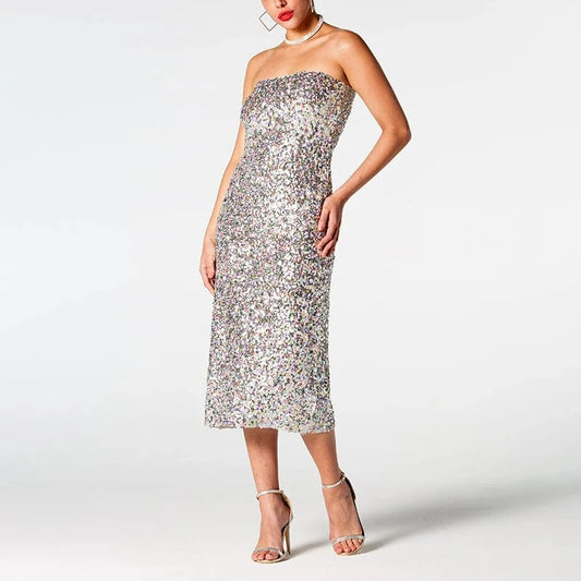 Zhuofei 2024 Luxury Sequins Strapless Dress Evening Formal Silver Dresses For Women Elegant