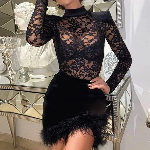 ZHZHE 2024 Patchwork Fur Velvet Bodycon Dress Spring Women's Clothing Nightclub Sexy Lace See Through Dress