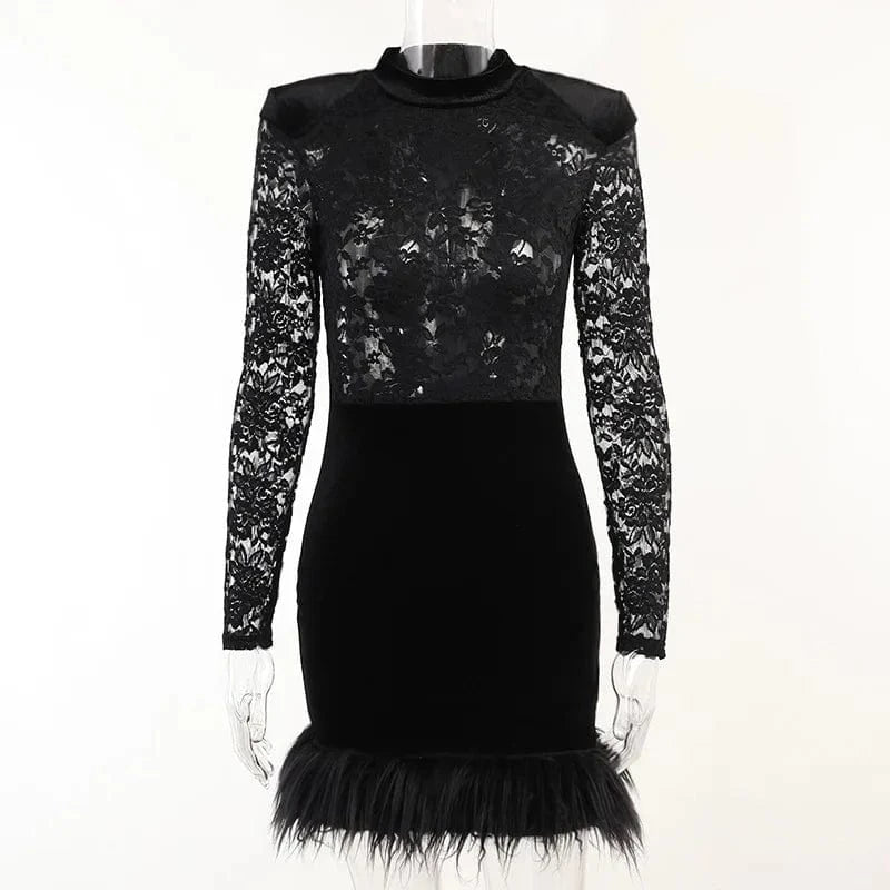 ZHZHE 2024 Patchwork Fur Velvet Bodycon Dress Spring Women's Clothing Nightclub Sexy Lace See Through Dress