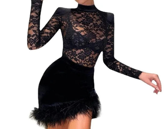 ZHZHE 2024 Patchwork Fur Velvet Bodycon Dress Spring Women's Clothing Nightclub Sexy Lace See Through Dress