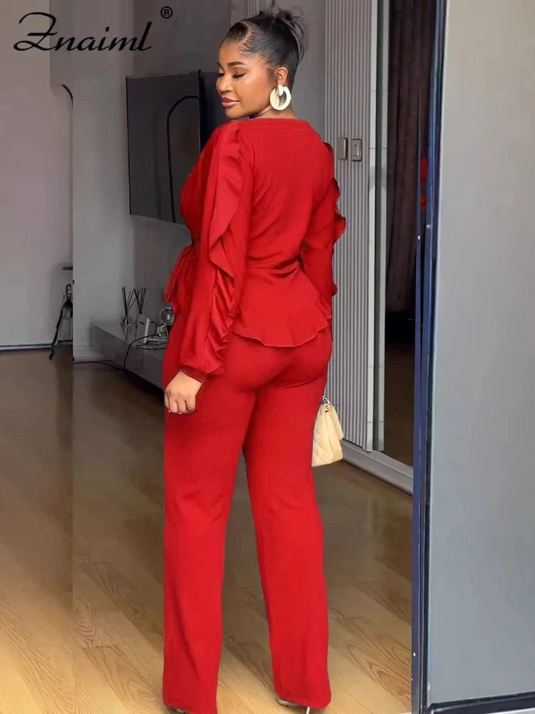 Znaaiml Elegant Blue 2 Piece Pants Sets Women Lantern Sleeve Drawstring Ruched Ruffles Top and Trousers Casual Street OL Outfits