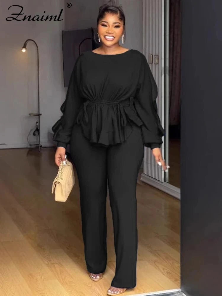Znaaiml Elegant Blue 2 Piece Pants Sets Women Lantern Sleeve Drawstring Ruched Ruffles Top and Trousers Casual Street OL Outfits