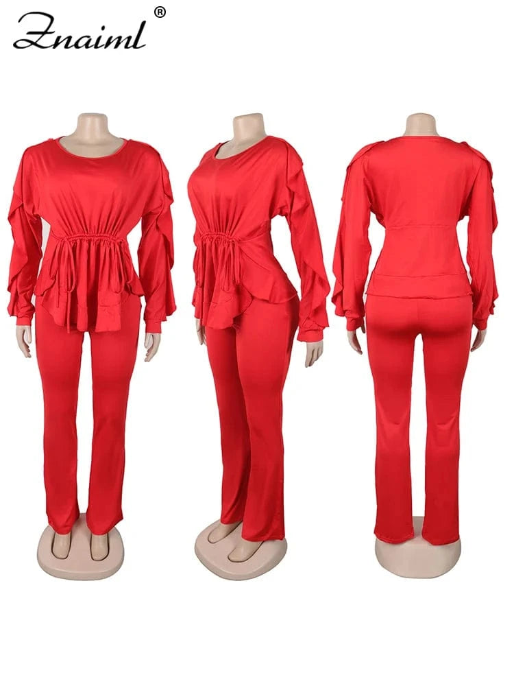 Znaaiml Elegant Blue 2 Piece Pants Sets Women Lantern Sleeve Drawstring Ruched Ruffles Top and Trousers Casual Street OL Outfits