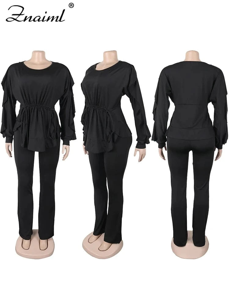 Znaaiml Elegant Blue 2 Piece Pants Sets Women Lantern Sleeve Drawstring Ruched Ruffles Top and Trousers Casual Street OL Outfits