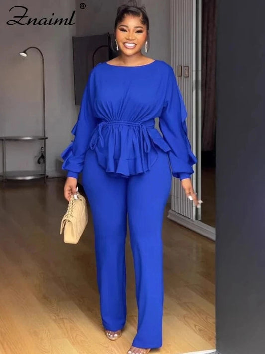 Znaaiml Elegant Blue 2 Piece Pants Sets Women Lantern Sleeve Drawstring Ruched Ruffles Top and Trousers Casual Street OL Outfits