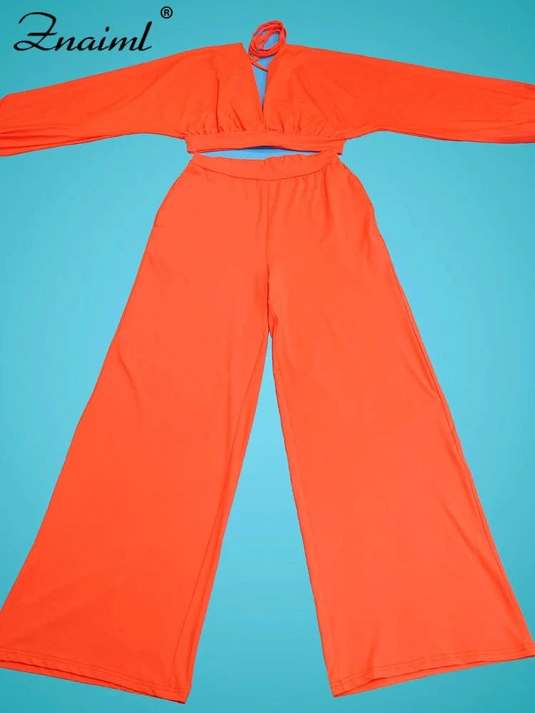 Znaiml Casual Green Two 2 Pieces Wide Leg Pants Sets Women‘s Long Sleeve Deep V-neck Crop Tops and Trousers Birthday Club Outfit