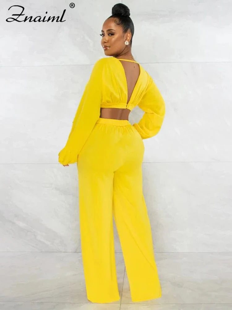 Znaiml Casual Green Two 2 Pieces Wide Leg Pants Sets Women‘s Long Sleeve Deep V-neck Crop Tops and Trousers Birthday Club Outfit
