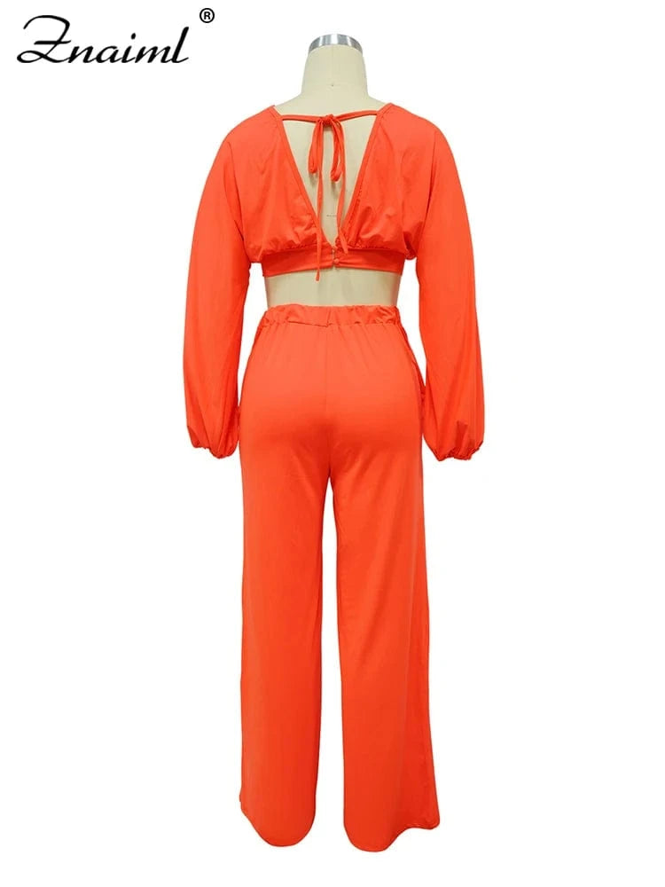Znaiml Casual Green Two 2 Pieces Wide Leg Pants Sets Women‘s Long Sleeve Deep V-neck Crop Tops and Trousers Birthday Club Outfit