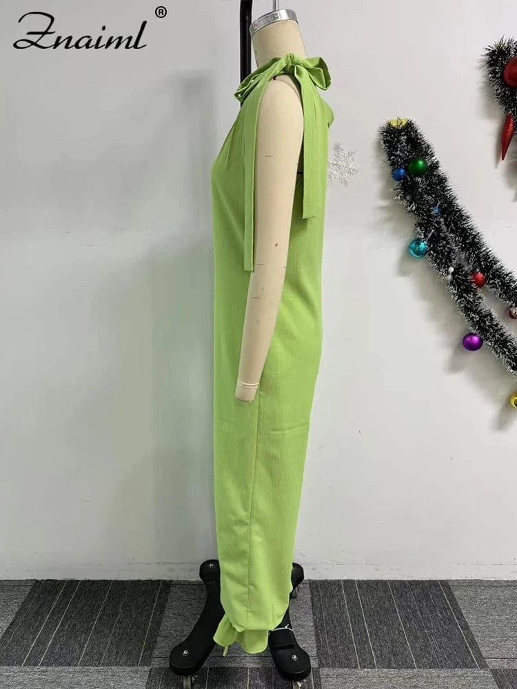 Znaiml Casual Lace-up Bandage Jumpsuit Green Loose Wide Leg Jogger Pants Women V-Neck Sleeveless New In One Pieces Rompers 2025