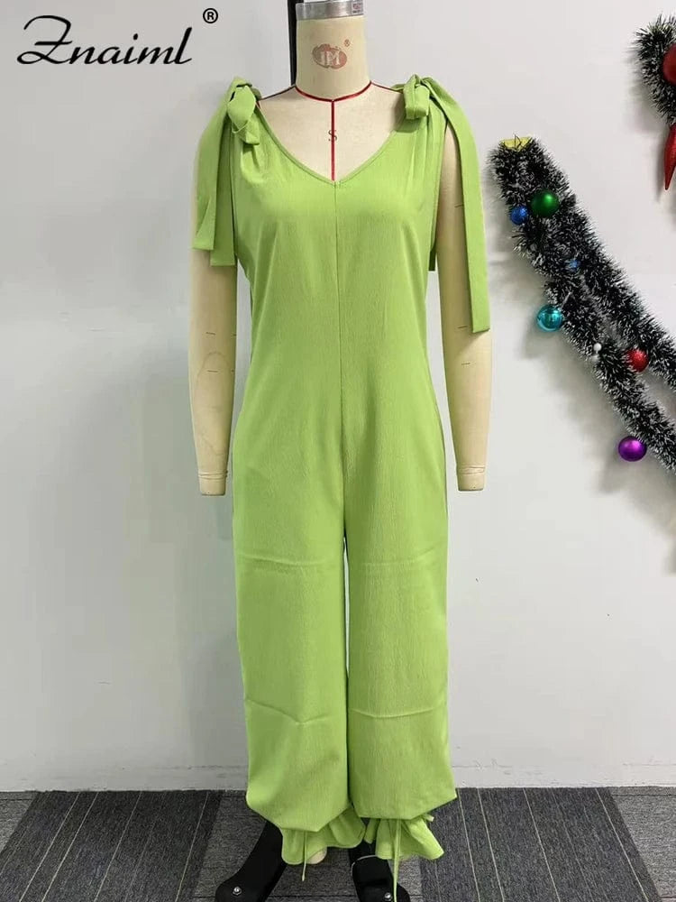 Znaiml Casual Lace-up Bandage Jumpsuit Green Loose Wide Leg Jogger Pants Women V-Neck Sleeveless New In One Pieces Rompers 2025