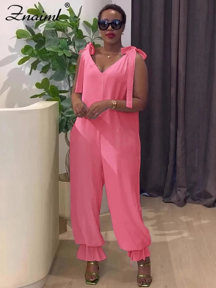 Znaiml Casual Lace-up Bandage Jumpsuit Green Loose Wide Leg Jogger Pants Women V-Neck Sleeveless New In One Pieces Rompers 2025