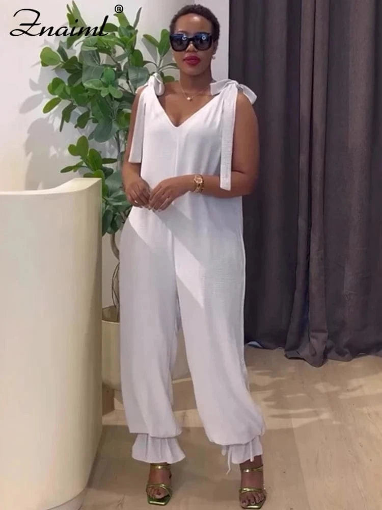 Znaiml Casual Lace-up Bandage Jumpsuit Green Loose Wide Leg Jogger Pants Women V-Neck Sleeveless New In One Pieces Rompers 2025