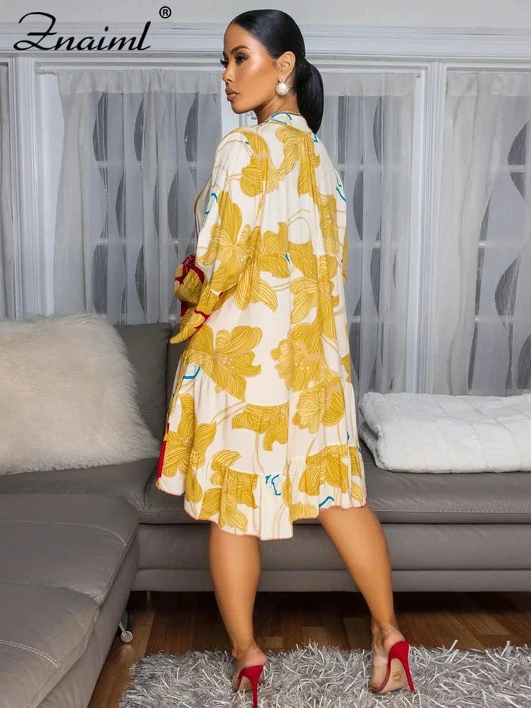 Znaiml Casual Long Sleeve Beach Short Dress for Women Boho Summer A-Line Floral Print Sundresses Y2k T-Shirt Mini Dresses 2025