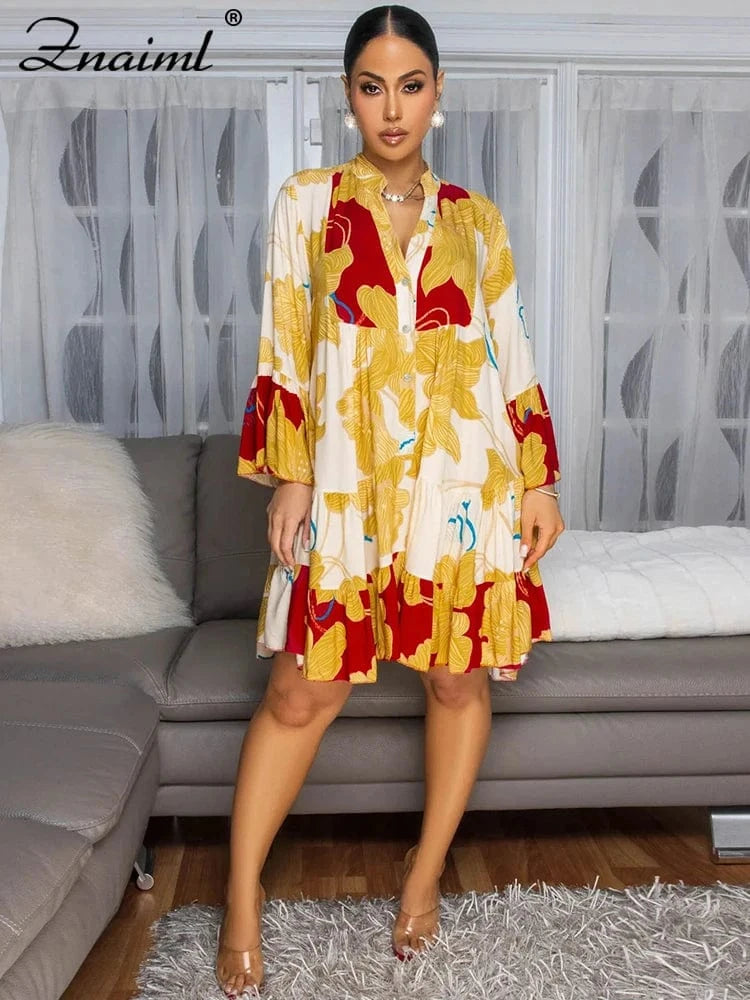 Znaiml Casual Long Sleeve Beach Short Dress for Women Boho Summer A-Line Floral Print Sundresses Y2k T-Shirt Mini Dresses 2025