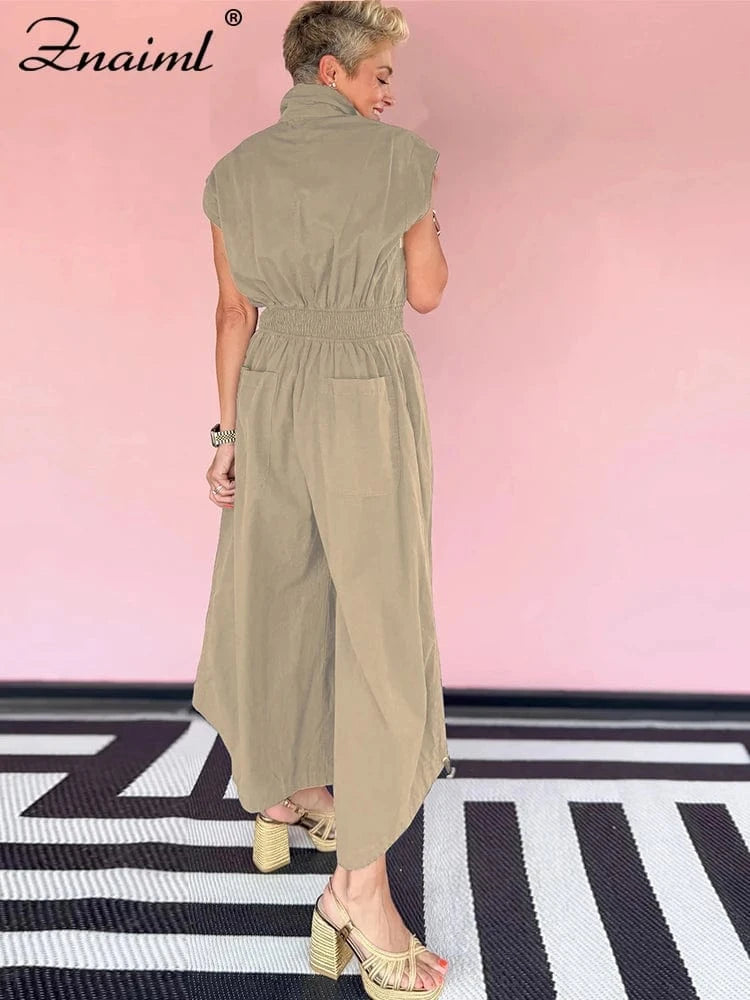 Znaiml Casual Loose Pocket Jumpsuit Women Sleeveless Button High Waist Wide Leg Rompers Street Overalls One Pieces Cargo Pants
