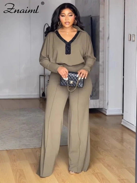 Znaiml Casual Office Lady 2 Piece Sets Women Summer Long Sleeve V Neck Polo Shirt Tops and Wide Leg Pants Streetwear Outfit 2025