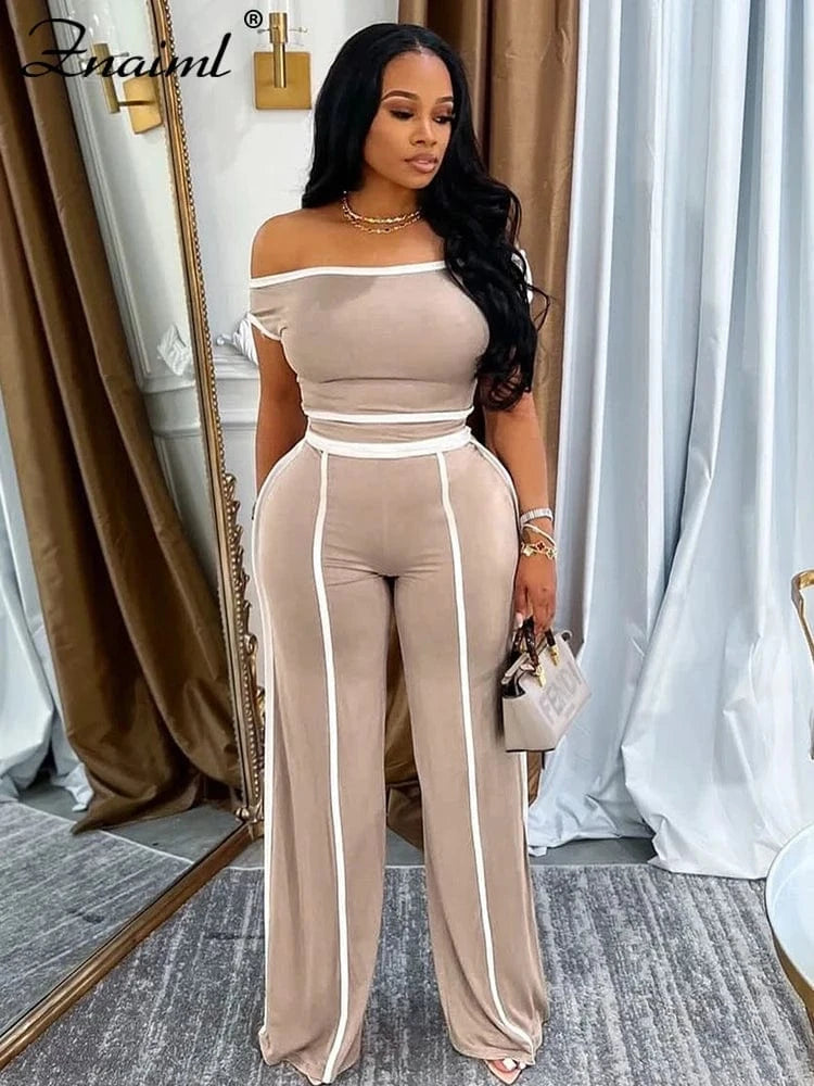 Znaiml Casual Solid Color Wide Legs Pnats Set for Women Diagonal Shoulders T-Shirt Crop Tops and Trousers Two Pieces Suit Outfit