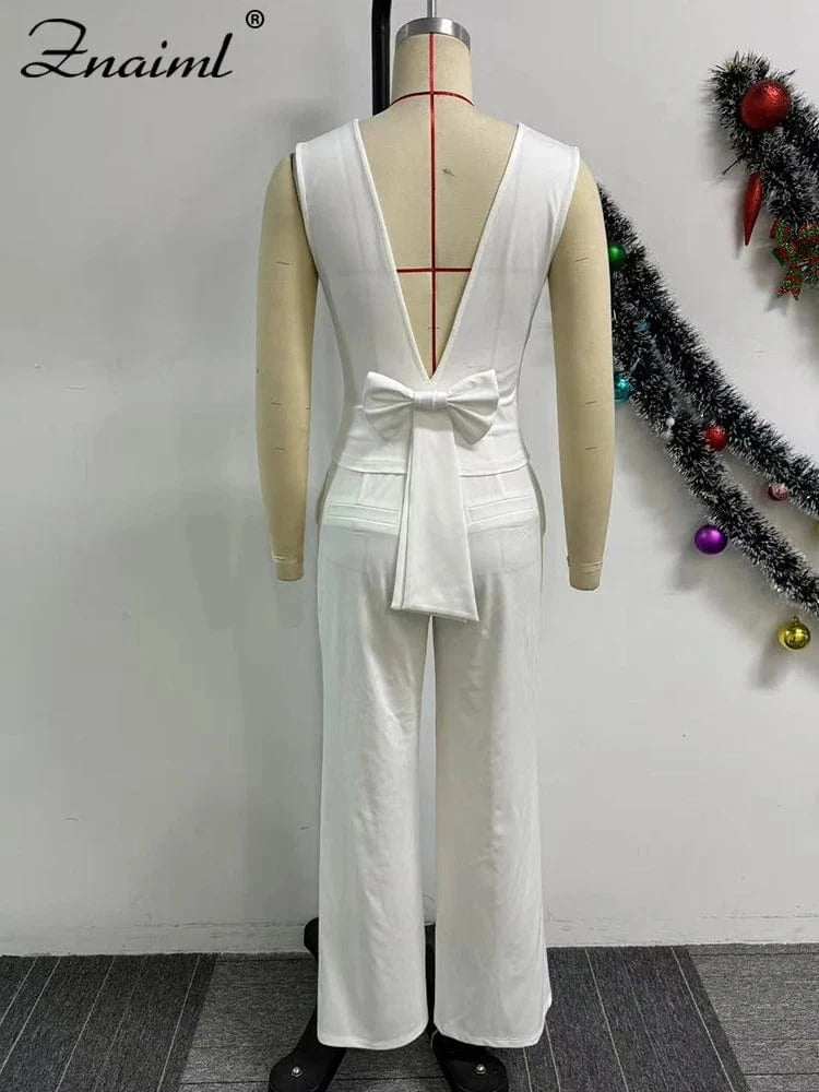 Znaiml Casual Wide Leg Pants Set Women Summer Sleeveless V Neck Backless Bowknot Tops Two 2 Piece Outfits Elegant Vacation 2025
