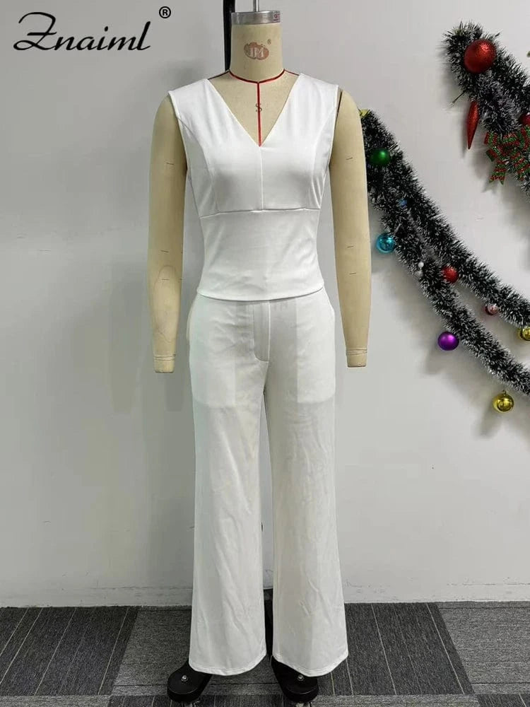 Znaiml Casual Wide Leg Pants Set Women Summer Sleeveless V Neck Backless Bowknot Tops Two 2 Piece Outfits Elegant Vacation 2025
