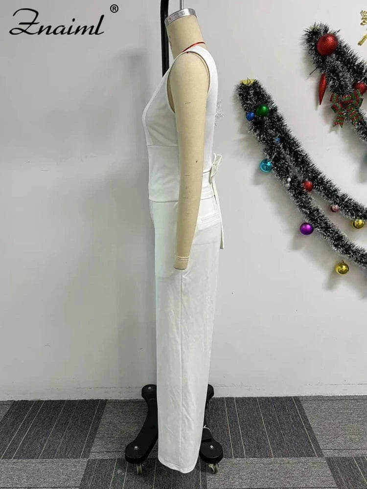 Znaiml Casual Wide Leg Pants Set Women Summer Sleeveless V Neck Backless Bowknot Tops Two 2 Piece Outfits Elegant Vacation 2025