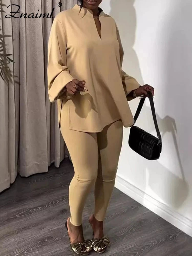 Znaiml Causal Solid Women Two 2 Piece Outfit V Neck Loose Fit Tops and Legging Jogger Pants Matching Sets Streetwear Tracksuits