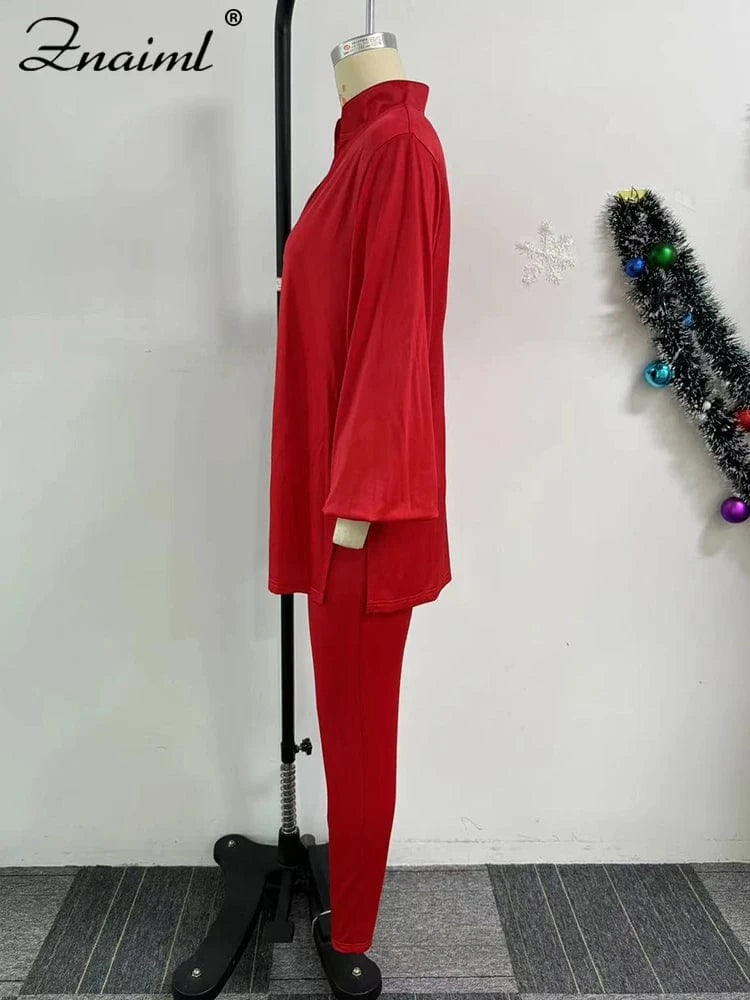 Znaiml Causal Solid Women Two 2 Piece Outfit V Neck Loose Fit Tops and Legging Jogger Pants Matching Sets Streetwear Tracksuits