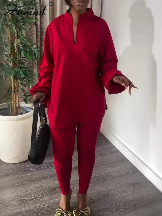 Znaiml Causal Solid Women Two 2 Piece Outfit V Neck Loose Fit Tops and Legging Jogger Pants Matching Sets Streetwear Tracksuits