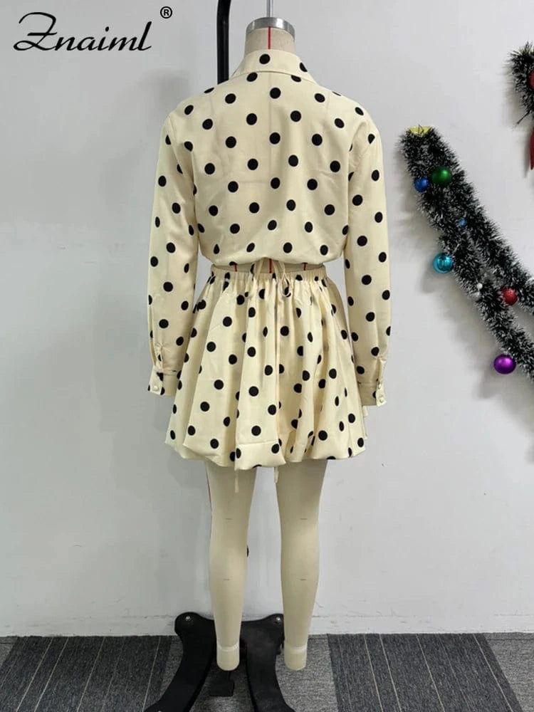 Znaiml Elegant Apricot Women 2 Piece Set Birthday Party Outfit Long Sleeve Crop Top and Ball Bown Skirt Polka Dot Suit Beachwear